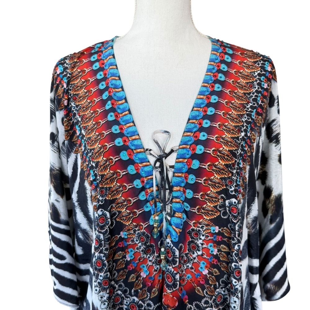 Sakkas Caftan Dress Cover Up Beach Tunic One Size White Animal Print - Picture 4 of 9
